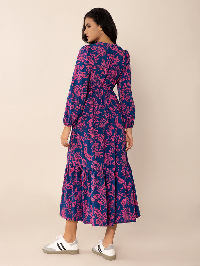 Printed V-Neck Long Sleeve Midi Dress Trendsi Hanalas