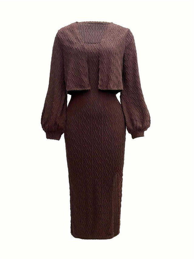 Open Front Long Sleeve Cardigan and Side Slit Cami Dress Set Trendsi Hanalas