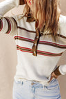 Half Button Contrast Stripe Long Sleeve Knit Top | Hanalas