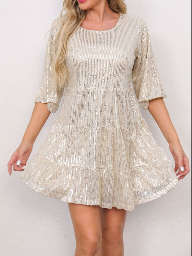 Sequin Round Neck Half Sleeve Mini Dress | Hanalas