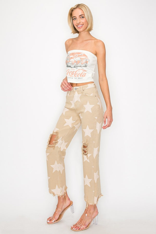 RISEN Full Size High Rise Star Printed Frayed Hem Jeans Trendsi Hanalas