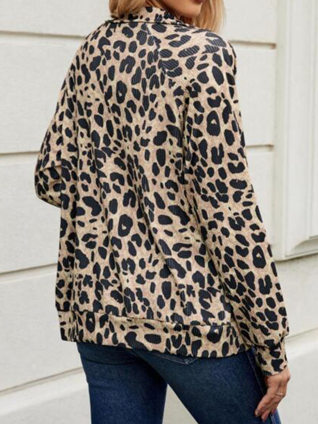 Full Size Leopard Collared Neck Zip Up Jacket | Hanalas