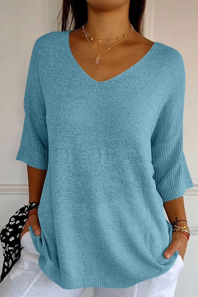 V-Neck Three-Quarter Sleeve Knit Top | Hanalas