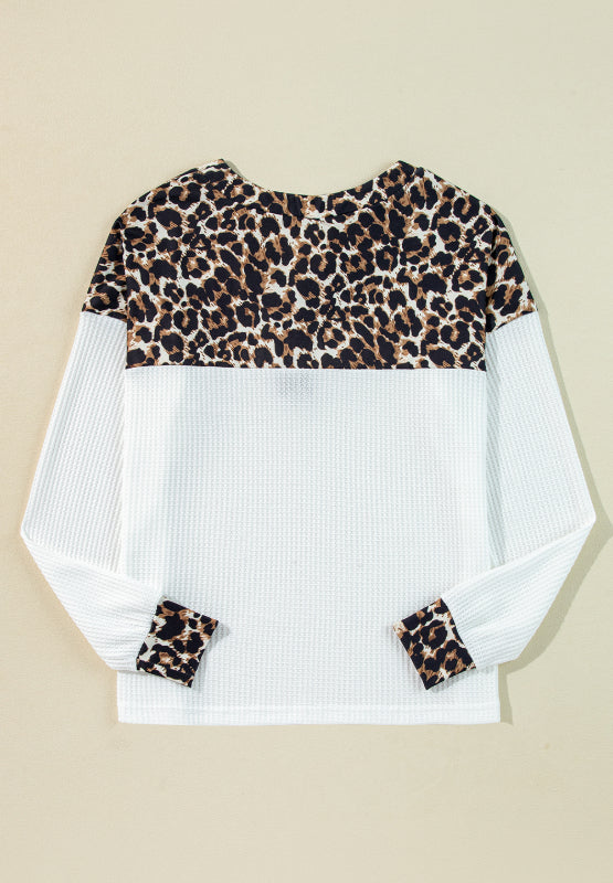 Waffle-Knit Leopard V-Neck Long Sleeve Blouse | Hanalas