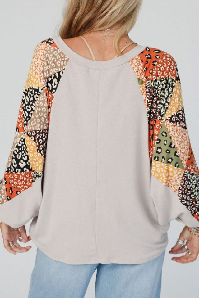 Leopard Contrast V-Neck Long Sleeve Blouse | Hanalas