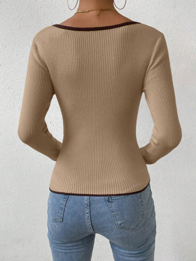 Contrast Trim Long Sleeve Knit Top | Hanalas