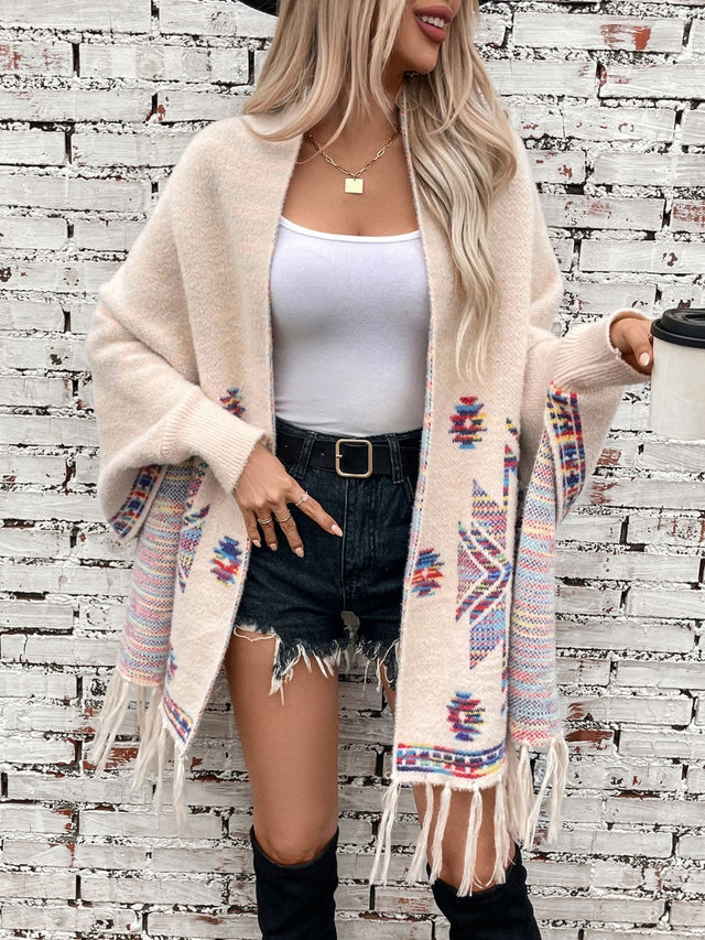 Fringe Geometric Open Front Long Sleeve Cape | Hanalas