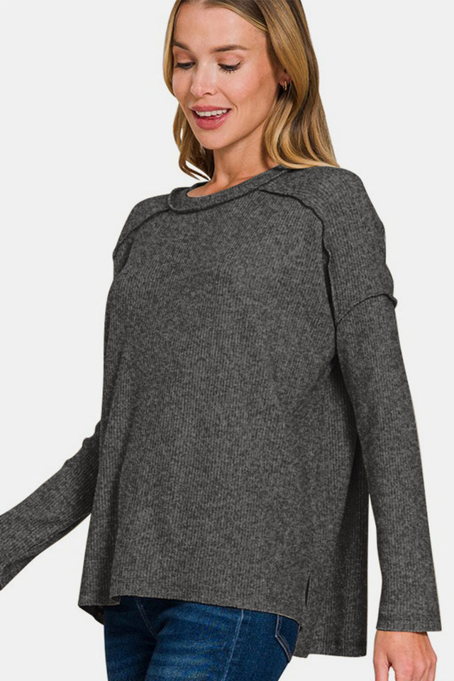 Zenana Full Size Exposed Seam Brushed Round Neck Sweater | Hanalas