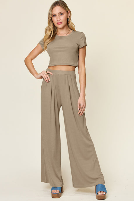 Double Take Full Size Round Neck Top and Pants Set | Hanalas