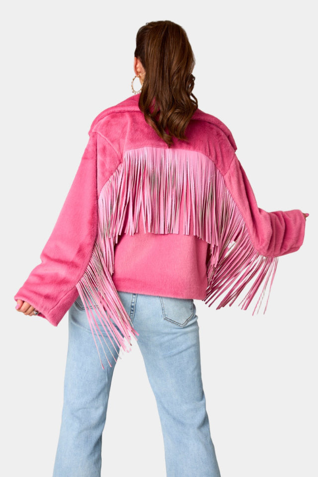 Fringed Zip Up Fleece Jacket | Hanalas