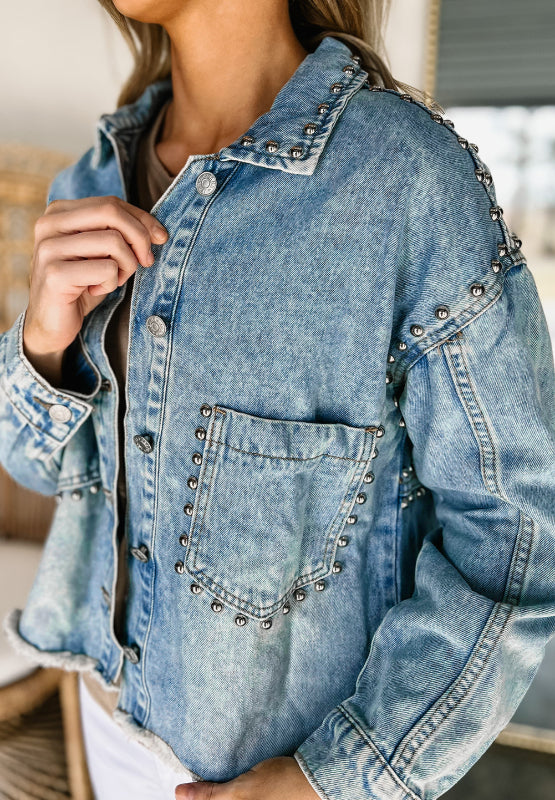 Studded Acid Wash Long Sleeve Denim Jacket | Hanalas