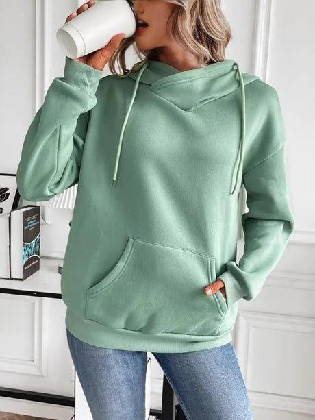 Drawstring Long Sleeve Hoodie with Kangaroo Pocket | Hanalas