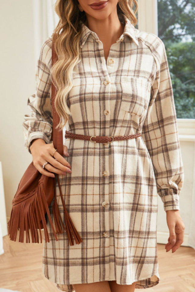 Plaid Collared Neck Long Sleeve Mini Shirt Dress | Hanalas