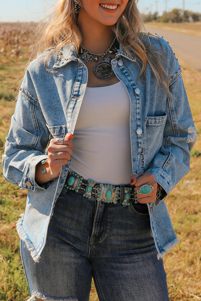 Studded Acid Wash Long Sleeve Denim Jacket | Hanalas