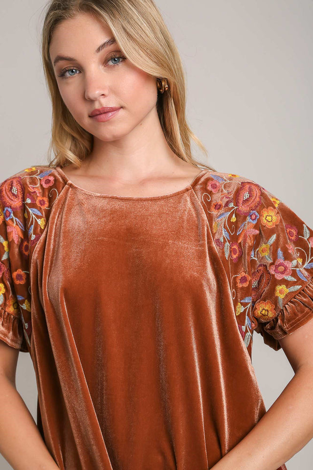 Umgee Velvet Embroidery Short Sleeve Blouse | Hanalas