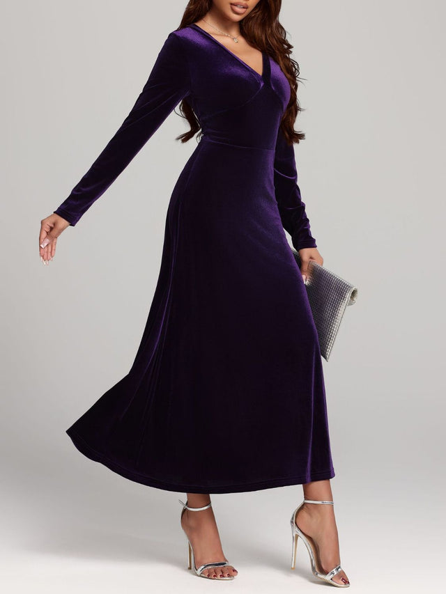 V-Neck Long Sleeve Velvet Dress | Hanalas