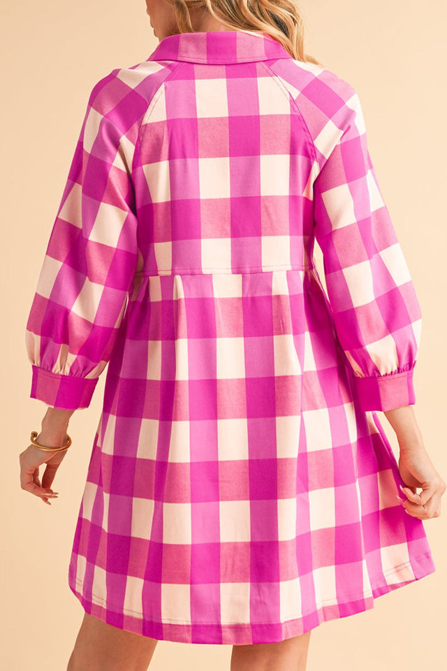 Ruched Plaid Three-Quarter Sleeve Shirt Dress | Hanalas