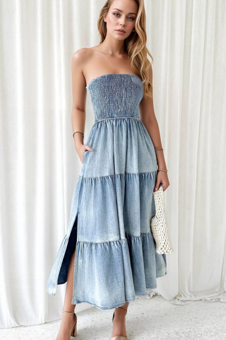 Smocked Tube Slit Tiered Denim Dress | Hanalas