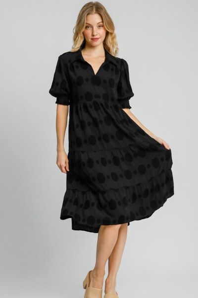 Umgee Full Size Swiss Dot Jacquard Tiered Midi Dress Plus Size | Hanalas