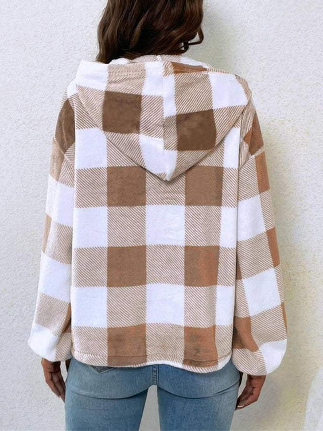 Plaid Half Button Long Sleeve Hoodie | Hanalas