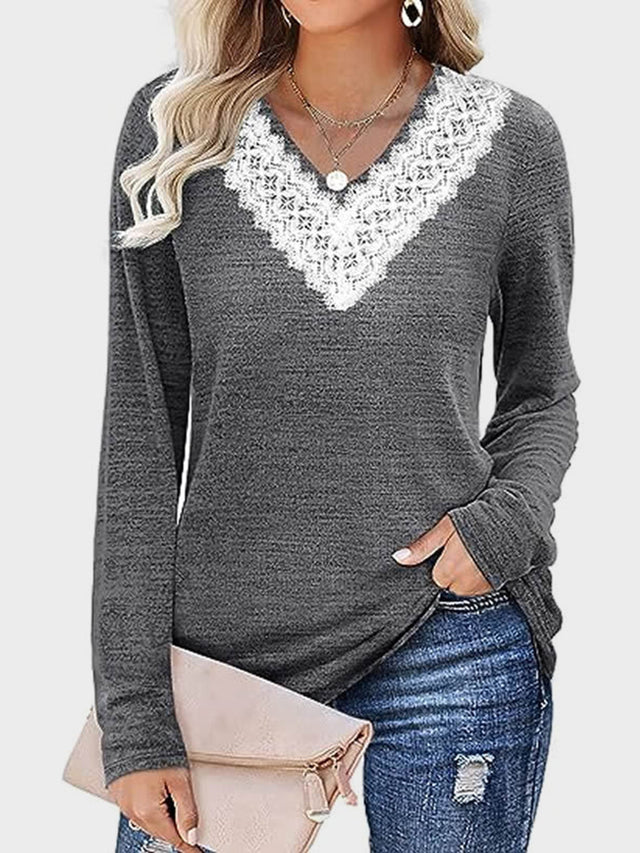 Lace Detail V-Neck Long Sleeve T-Shirt | Hanalas