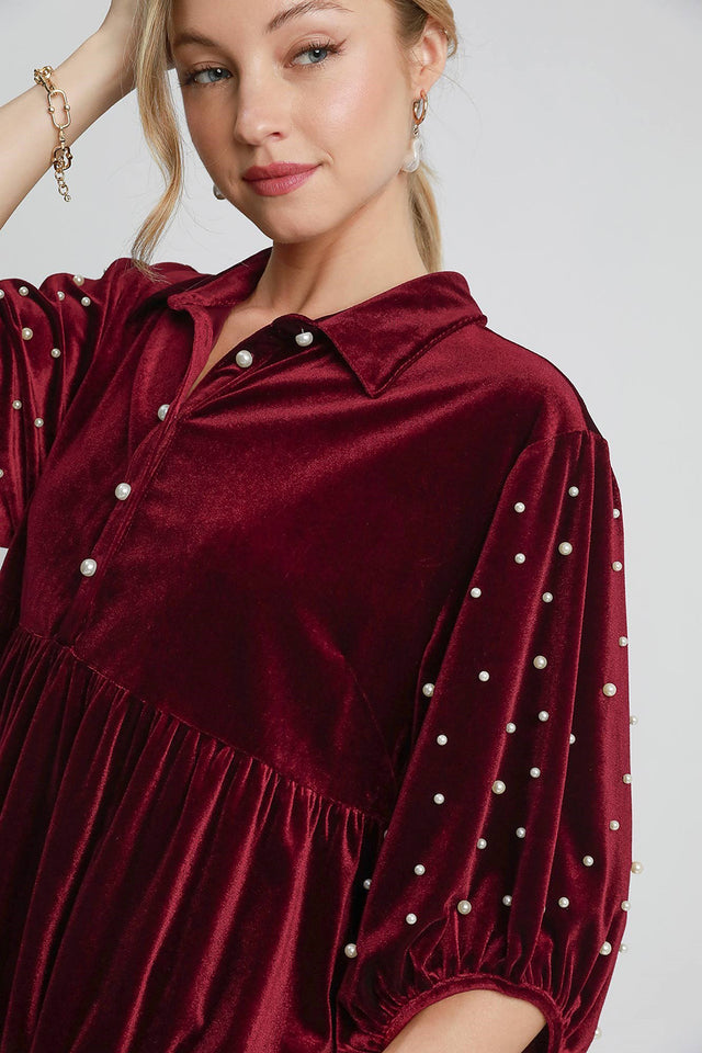 Umgee Pearl Detail Collared Neck Velvet Babydoll Blouse | Hanalas