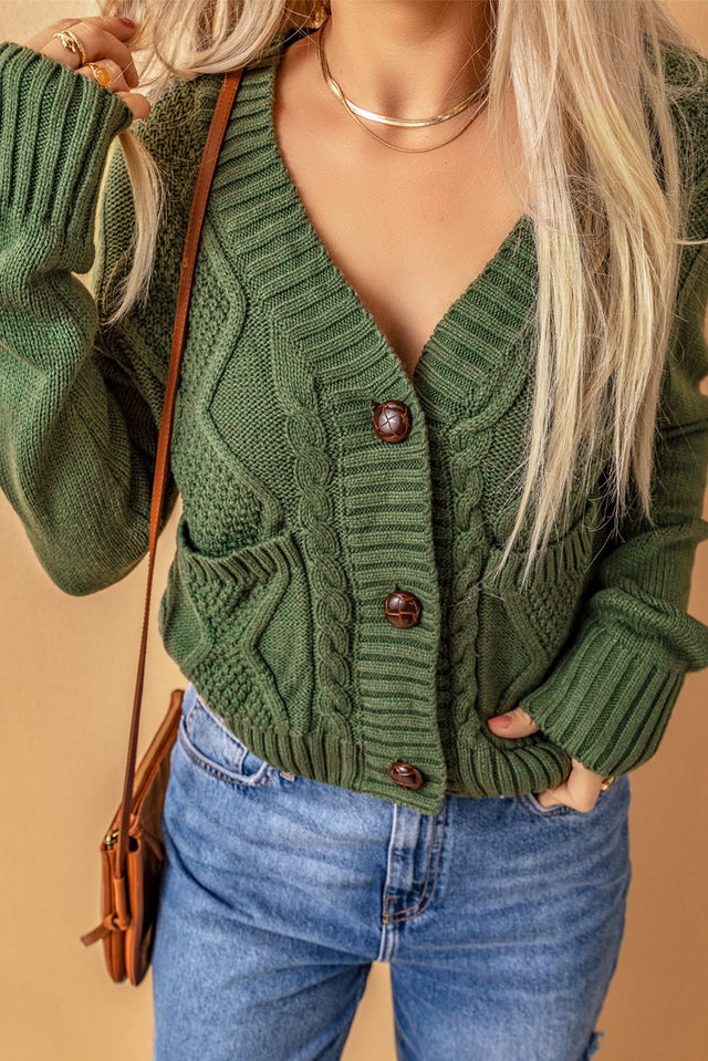 Cable-Knit Button Down V-Neck Cardigan | Hanalas