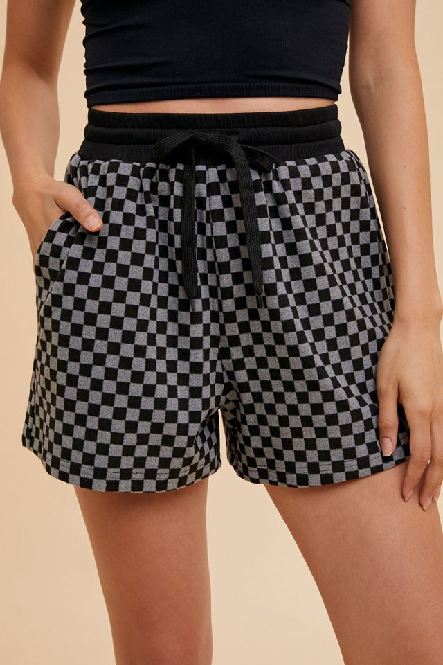 Annie Wear Checkered Round Neck Top and Drawstring Shorts Set | Hanalas