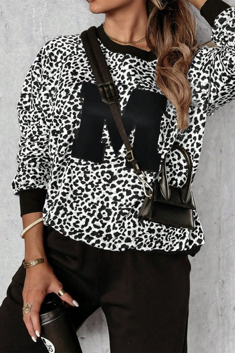 Letter M Leopard Round Neck Top and Pants Set | Hanalas