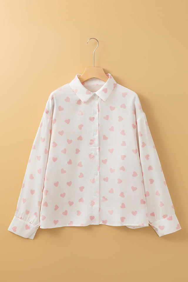 Heart Print Collared Neck Long Sleeve Shirt | Hanalas