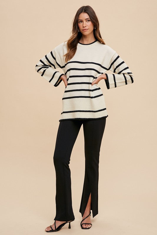 Annie Wear Side Slit Striped Round Neck Sweater | Hanalas