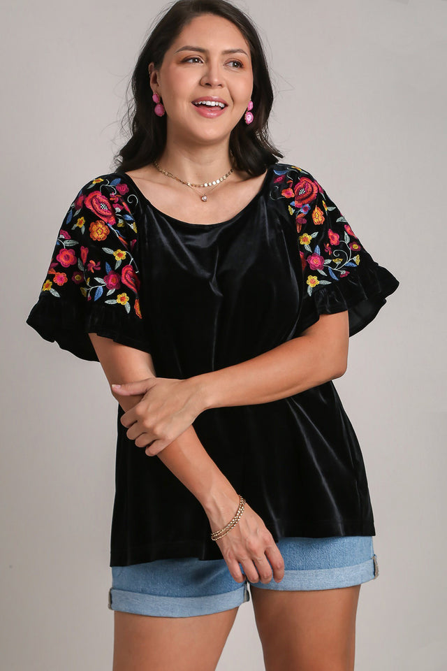 Umgee Full Size Velvet Embroidery Short Sleeve Blouse | Hanalas