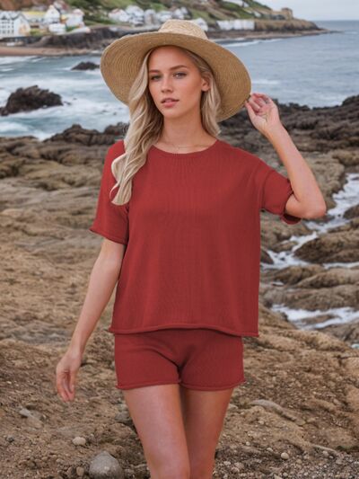 Round Neck Short Sleeve Top and Shorts Sweater Set | Hanalas