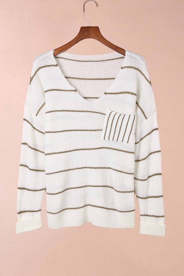 Striped V-Neck Drop Shoulder Sweater | Hanalas