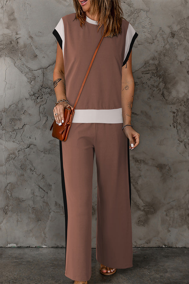 Contrast Round Neck Top and Pants Set | Hanalas