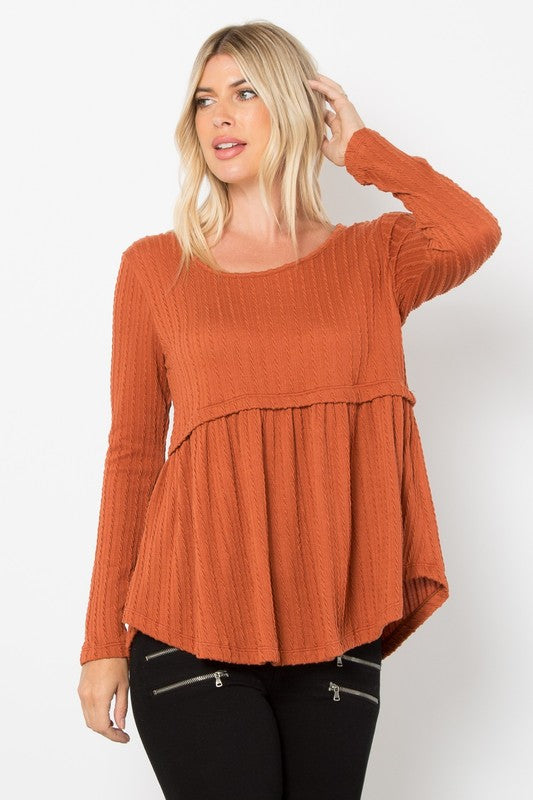 Be Stage Full Size Texture Babydoll Round Neck Long Sleeve Knit Top | Hanalas