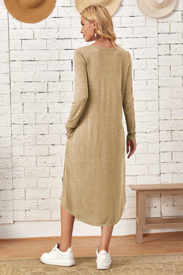 Pocketed Round Neck Long Sleeve Tee Dress - Hanalas