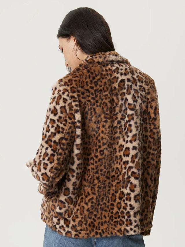 Fuzzy Leopard Collared Neck Jacket | Hanalas