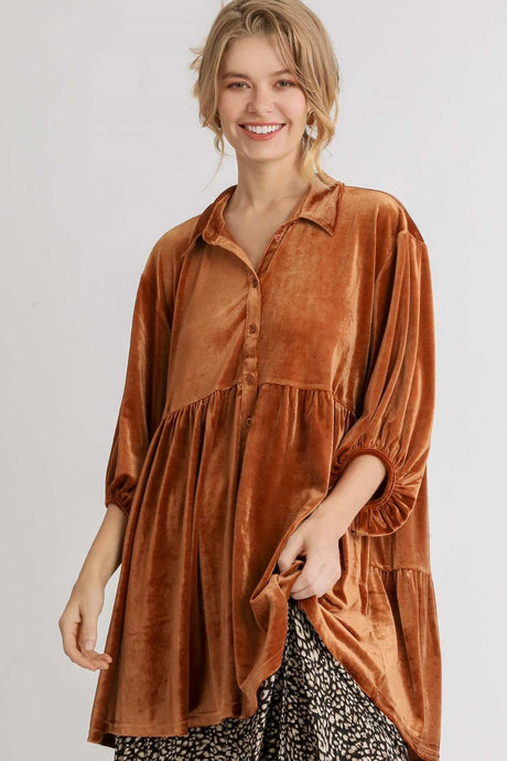 Umgee Full Size Button Down Tiered Back High Low Shirt | Hanalas