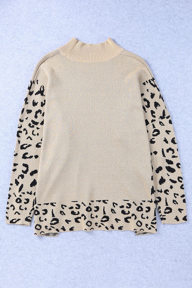 Slit Leopard Mock Neck Dropped Shoulder Sweater | Hanalas