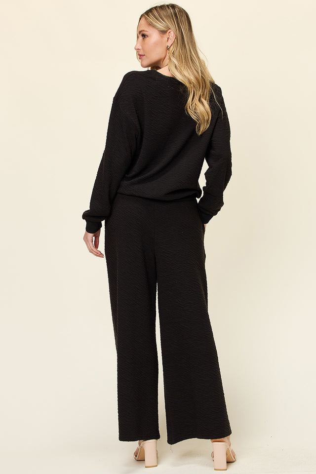 Double Take Full Size Texture Long Sleeve Top and Pants Set | Hanalas