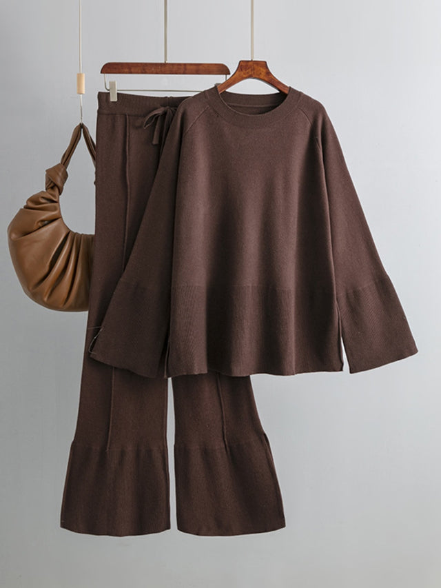 Basic Bae Slit Round Neck Long Sleeve Top and Drawstring Pants Sweater Set Trendsi Hanalas