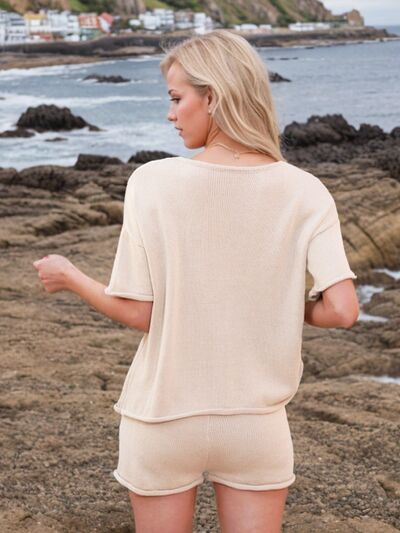 Round Neck Short Sleeve Top and Shorts Sweater Set | Hanalas