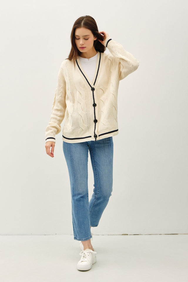 Be Cool Contrast Trim Cable-Knit V-Neck Cardigan Trendsi Hanalas