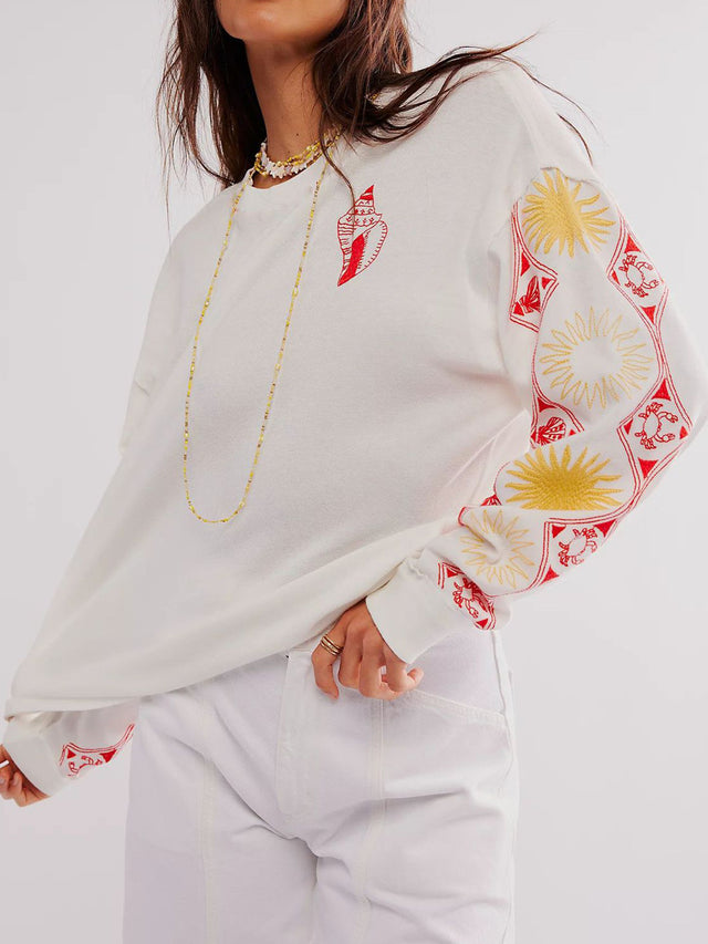 Embroidered Round Neck Long Sleeve Sweatshirt | Hanalas