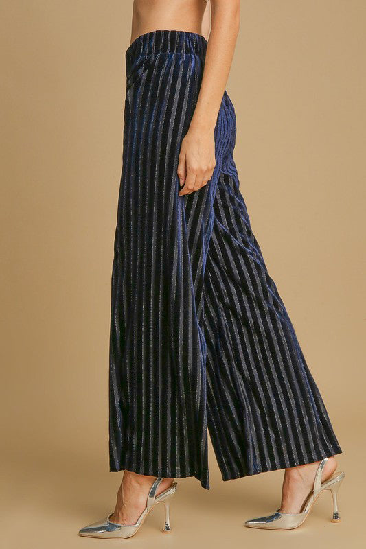 Umgee Full Size Elastic Waist Striped Wide Leg Velvet Pants | Hanalas