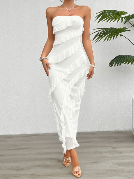 Devine Ruffled Slit Back Tube Maxi Dress | Hanalas