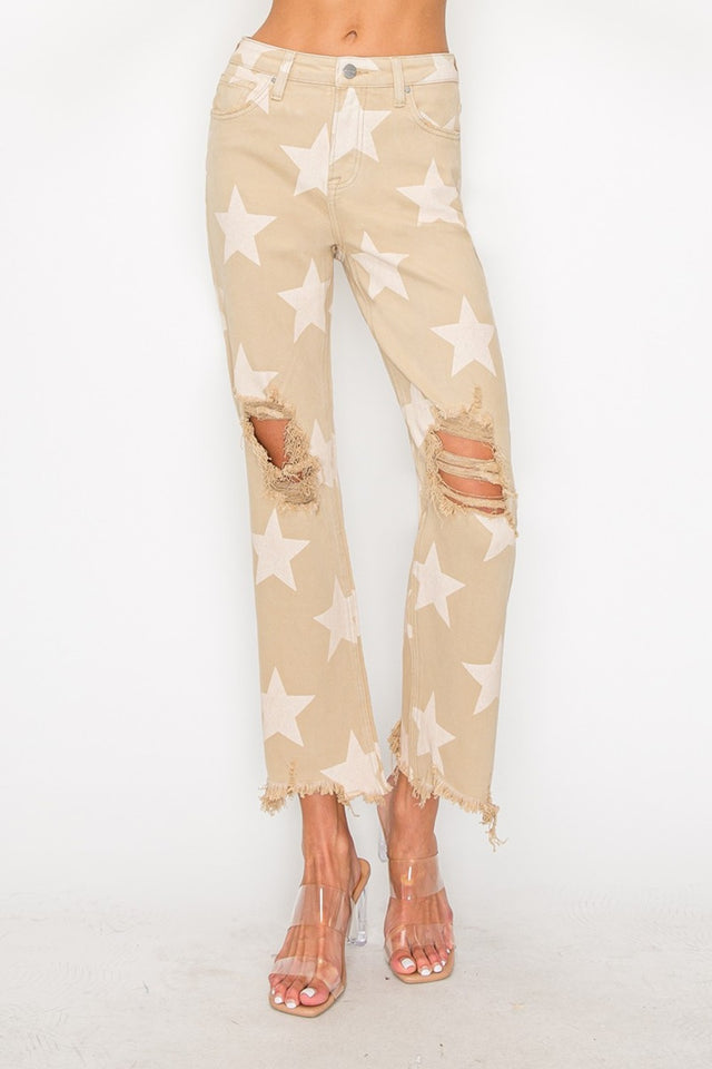 RISEN Full Size High Rise Star Printed Frayed Hem Jeans Trendsi Hanalas