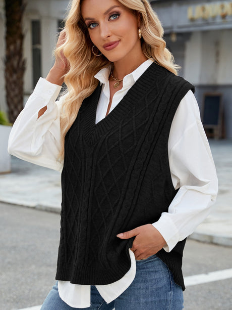 Cable Knit V-Neck Sweater Vest Trendsi Hanalas