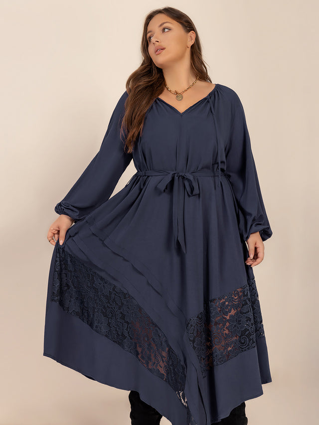 Plus Size Lace Detail Tie Neck Long Sleeve Midi Dress Trendsi Hanalas